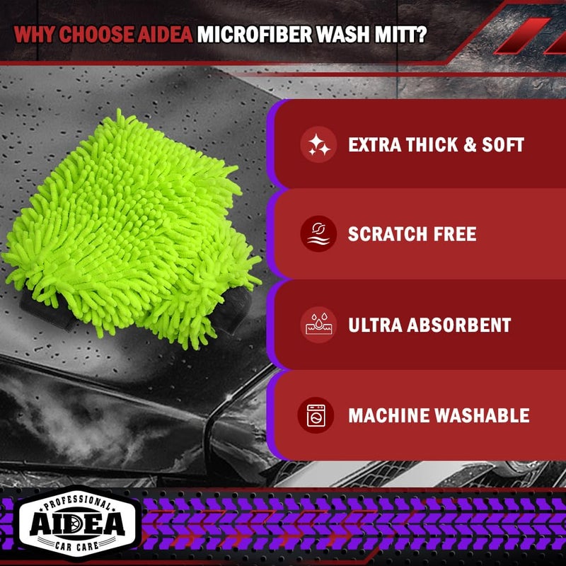 AIDEA Car Wash Mitt Microfiber, 2PK-Scratch-Free& Lint-Free, Premium Chenille Microfiber Wash Mitt-Green Extra Large Size (8''X12'') - Image 3